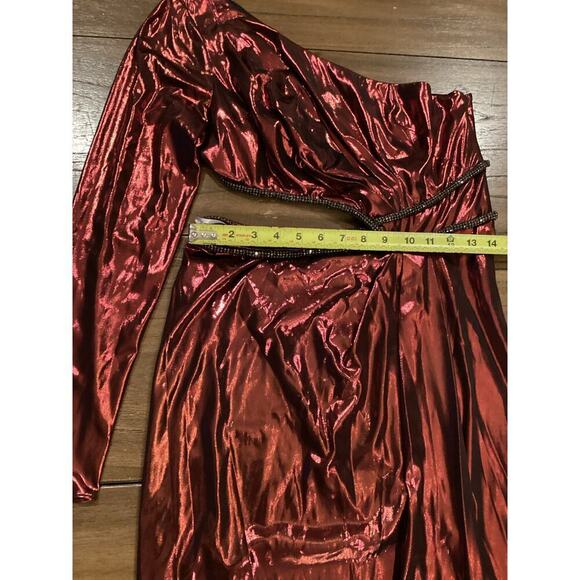 Marchesa Notte One-Shoulder slit Gown Metallic Red Cut Out Maxi Midi Dress 8 NWT - Picture 5 of 17